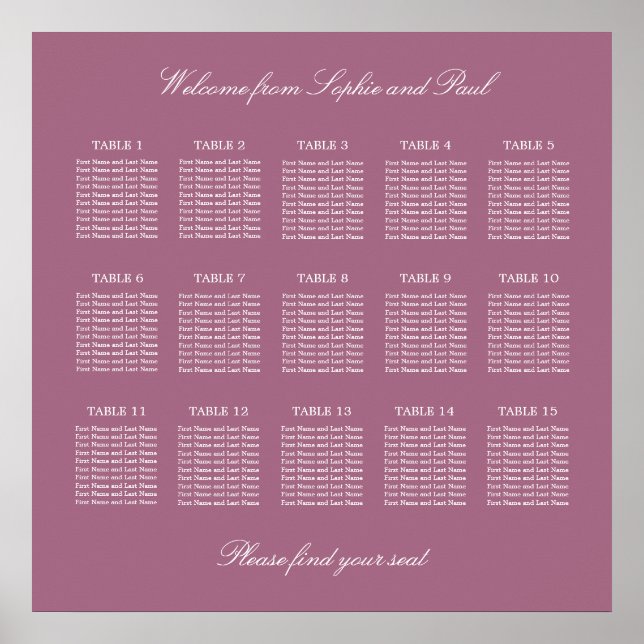 Mauve 15 Table Wedding Seating Chart Poster (Vorne)
