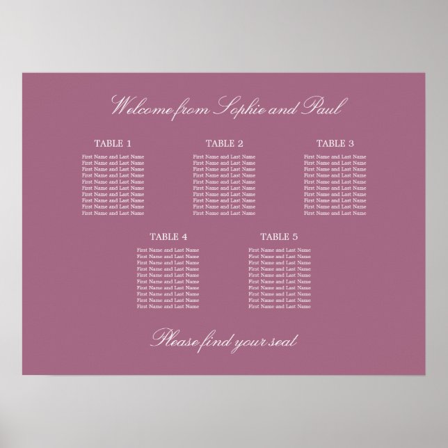 Mauve 5 Tisch Hochzeit Sitzordnung Poster (Vorne)