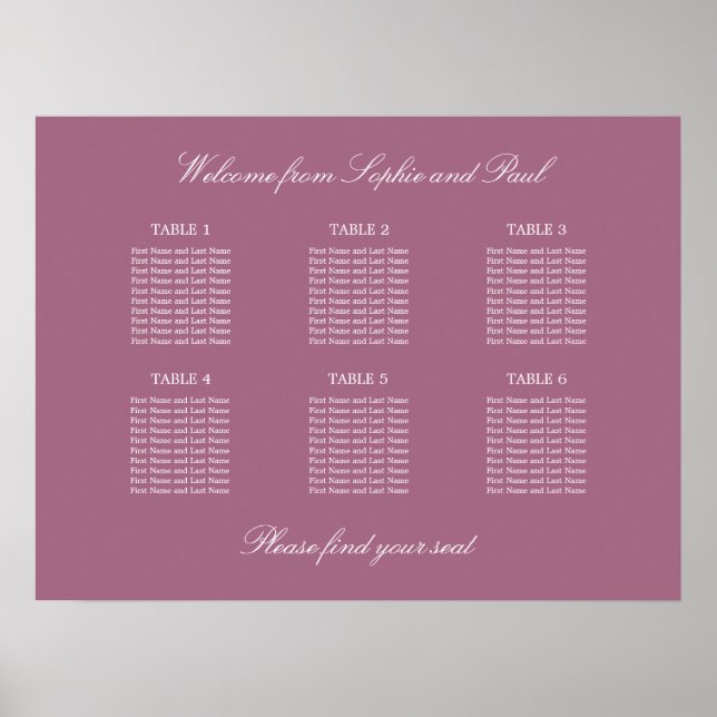 Mauve 6 Table Wedding Chart Poster (Vorne)
