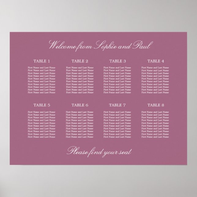 Mauve 8 Table Wedding Chart Poster (Vorne)