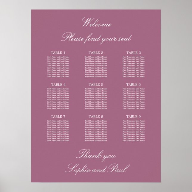Mauve 9 Tisch Hochzeit Sitzordnung Poster (Vorne)