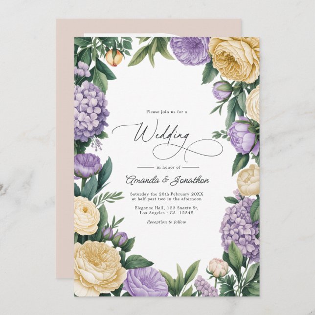 Mauve and Buttercream Watercolor Floral Wedding Einladung (Vorne/Hinten)