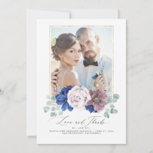 Mauve and Navy Blue Floral Wedding Danke Card Einladung