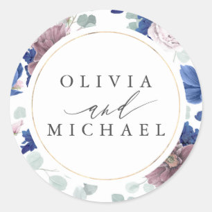 Mauve and Navy Blue Floral Wedding Siegel Runder Aufkleber