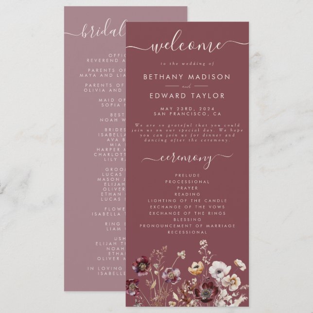 Mauve Autumn Floral Wedding Programm (Vorne/Hinten)