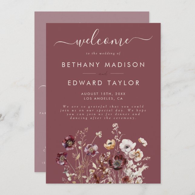 Mauve Autumn Floral Wedding Programm (Vorne/Hinten)