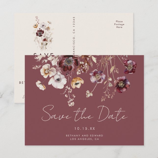 Mauve Autumn Floral Wedding Save the Date Postkarte (Vorne/Hinten)