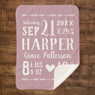 Mauve Baby Girl Birth Stats Keepake Sherpadecke