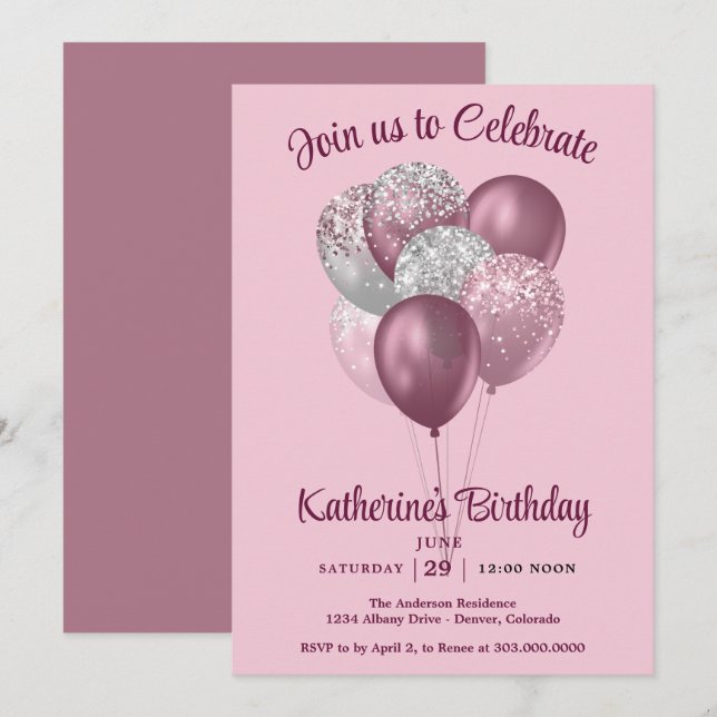 Mauve Ballons Geburtstag  Einladung (Vorne/Hinten)