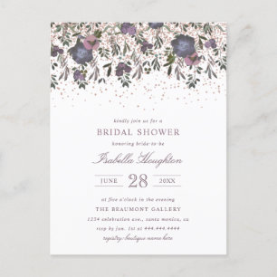Mauve Blossom & Rose Gold Confetti Brautparty Einladungspostkarte