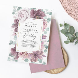 Mauve Blume und Grüne Elegant Stilvolle Hochzeit Einladung