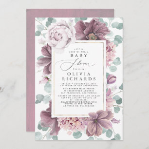 Mauve Blume und Grünpflanzen Elegante Babydusche Einladung
