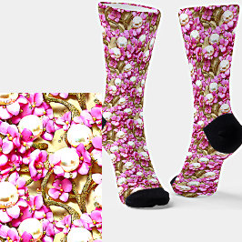 Mauve Blume White Pearls Gold Stems 3D-Effekt Socken
