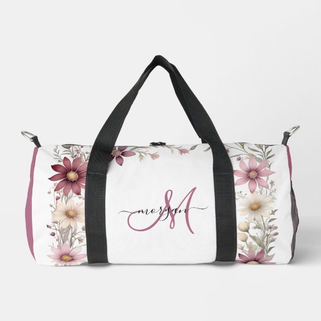 Mauve Blumen Kleine Personalisierte Gym-Tasche Duffle Bag (Vorderseite)