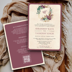 Mauve-Blumen-QR-Code-Anand-Karaj-Sikh-Hochzeit Einladung