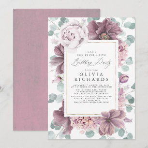 Mauve Blumen und Grün Elegant Moderne Geburtstag Einladung