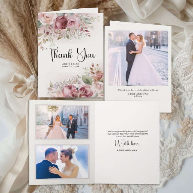 Mauve Blush Bloral 3-Foto Hochzeit Dankeskarte (Mauve and rose gold folded wedding photo thank you card)