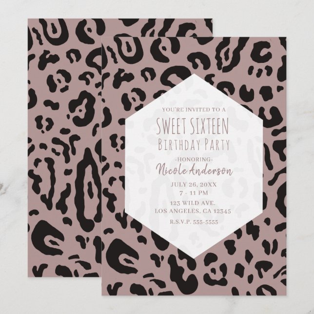 Mauve Blush Pink Cheetah Leopard Sweet 16 Party in Einladung (Vorne/Hinten)