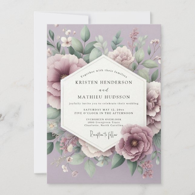 Mauve Blütenromanze Hochzeit Einladung (Vorderseite)
