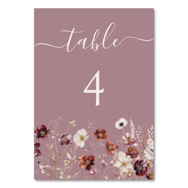 Mauve Boho Fall Wildblume Wedding Tischnummer (Vorderseite)