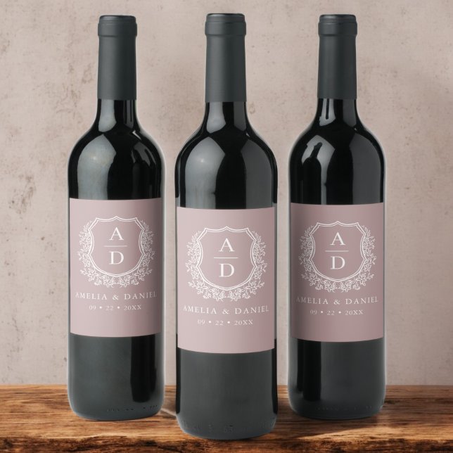 Mauve Botanisches Wappen Moderne Monogramm Hochzei Weinetikett (Von Creator hochgeladen)