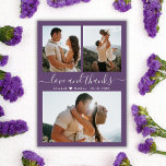 Mauve Budget Foto Collage Wedding Dankeschön Karte<br><div class="desc">Budget Modernes elegantes "Liebe und Dank" Script Mauve Wedding 3 Foto Collage Danke Low Budget Erschwingliche günstigen Dünnkarte. Sie können ein Upgrade durchführen, um diese Karte auf dem Cardstock drucken zu lassen. Mit drei (3) Foto vorne und einem (1) Foto hinten. Mit dem Text "Liebe und Dank" in einer Wirblen...</div>
