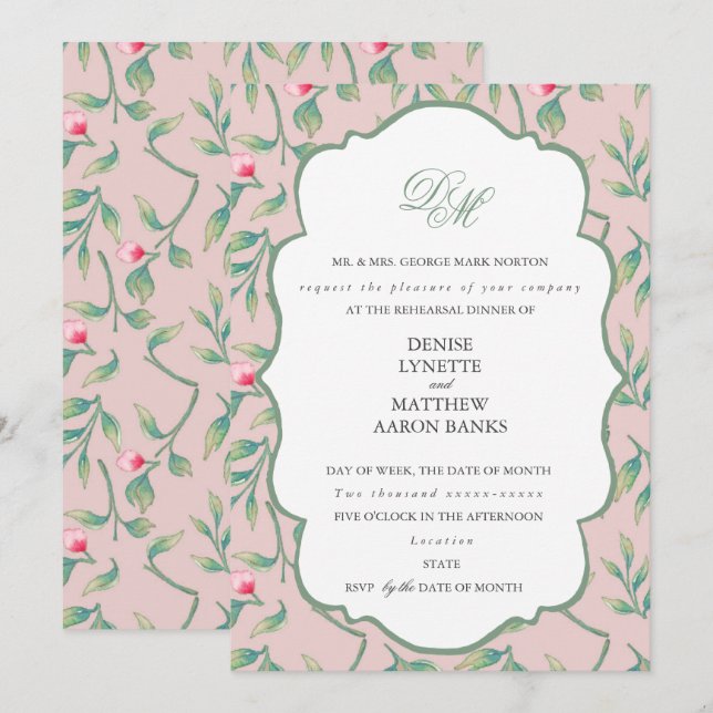Mauve Chalk und Basil Green Probe Dinner Einladung (Vorne/Hinten)