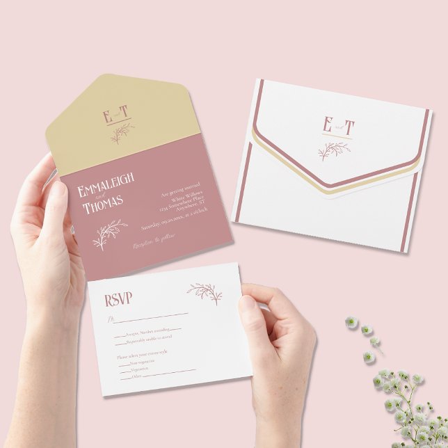 Mauve Champagne + White Simple Modern Wedding All In One Einladung (Von Creator hochgeladen)