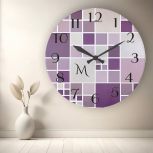 Mauve Checkered Pattern Monogram Wall Clock Runde Wanduhr
