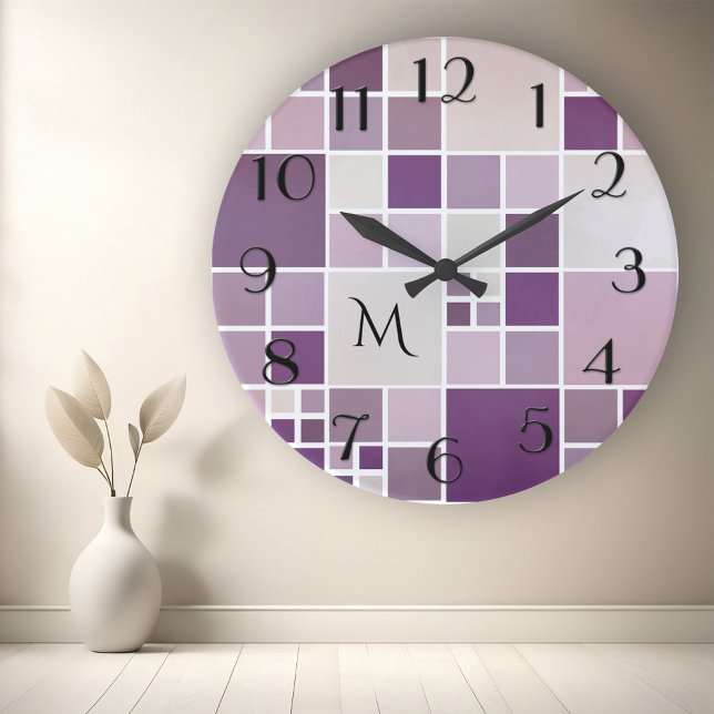 Mauve Checkered Pattern Monogram Wall Clock Runde Wanduhr (Wall clock with a checkered tile pattern with a subtle watercolor effect in mauve, purple and lilac)