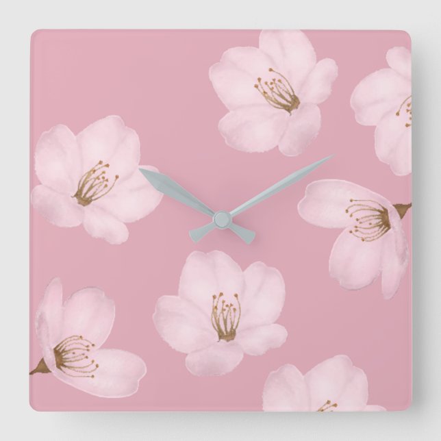 Mauve Cherry Blossom Wall Clock Quadratische Wanduhr (Vorderseite)