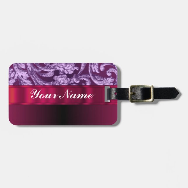 Mauve Damask Blumenmuster auf Magenta Gepäckanhänger (Vorderseite horizontal)