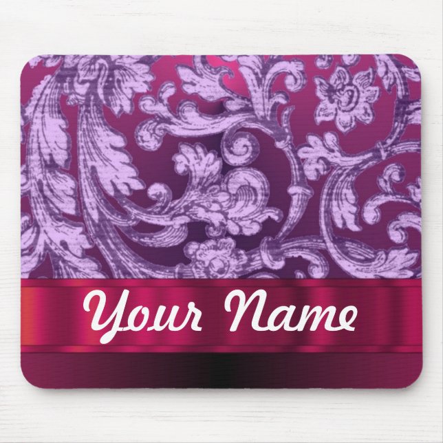 Mauve Damask Blumenmuster auf Magenta Mousepad (Vorne)