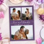 Mauve Danke 3 Foto Collage Wedding Vielen Dank Postkarte<br><div class="desc">Budget Stilvoll Elegant Minimalistisch Mauve Lila Farbe Handschrift Script 3 Foto Collage Wedding Danke Postard. Einfache, stilvolle Hochzeitsvorlage mit drei (3) Foto auf der Vorderseite und einem (1) Foto auf der Rückseite. Mit dem Text "Liebe und Dank" in einer Wirblen Hand Letterkalligraphie oder Typografie Skript-Schriftart mit Wimpern in Weiß auf...</div>