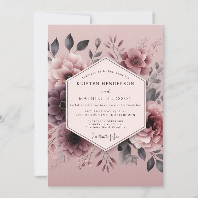 Mauve Düstere Flora Hochzeit Einladung (Vorderseite)
