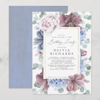 Mauve Dusty Blue Floral Elegante Moderne Kunst Einladung