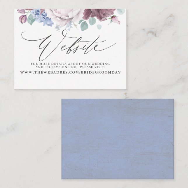 Mauve Dusty Blue Floral Wedding Website Card Visitenkarte (Vorne/Hinten)