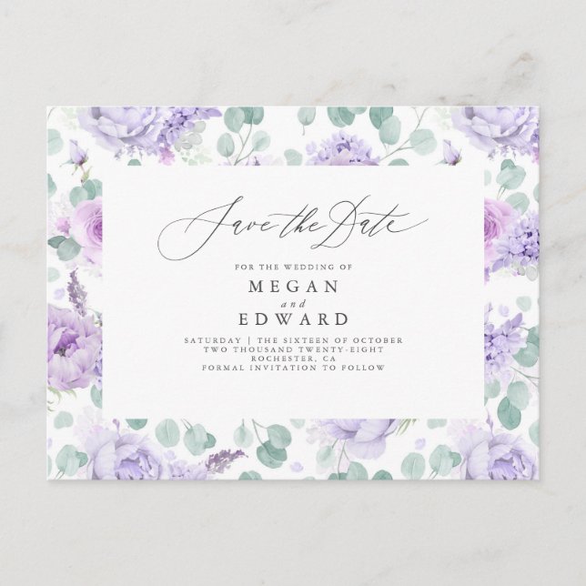 Mauve Dusty Lila Floral Save the Date Ankündigungspostkarte (Vorderseite)