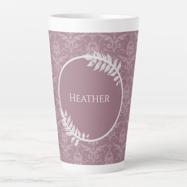 Mauve Elegant Damask Personalisierte Latte-Tasse Milchtasse (Vorderseite)