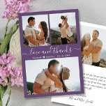 Mauve Elegant Dank Script Foto Collage Wedding Dankeskarte<br><div class="desc">Elegante Minimalistische Hand Briefe Hochzeit 3 Foto Collage Danke Karte in Mauve Lila Farbe. Stilvolle Hochzeit dank Karte Vorlage mit drei Foto auf der Vorderseite und ein Foto auf der Rückseite. Mit dem Text "Liebe und Dank" in einer kursiven Hand gezeichnet Kalligraphie oder Typografie Skript in weißer Farbe auf violett...</div>