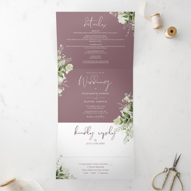 Mauve Elegant Greenery Foto Wedding Dreifach Gefaltete Einladung (Innenseite)