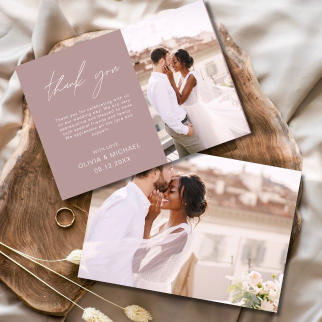 Mauve Elegant Script Foto Wedding danke You Card (Von Creator hochgeladen)