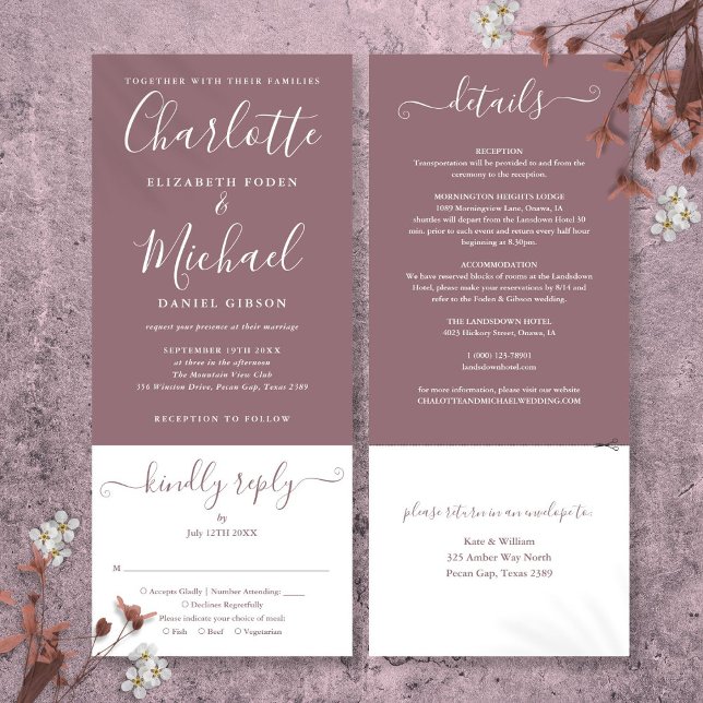 Mauve Elegant Script in einer Hochzeit Einladung (Mauve Elegant Script All In One Wedding Invitation)