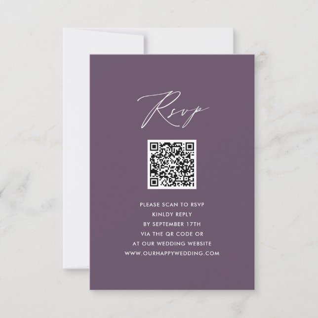 Mauve Elegant Script Minimalistisch QR Wedding RSV RSVP Karte (Vorderseite)