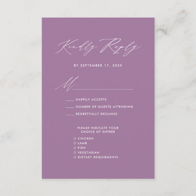 Mauve Elegant Script Minimalistisch Wedding RSVP Begleitkarte (Vorderseite)