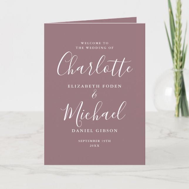 Mauve Elegant Signature Script Wedding Programm (Vorderseite)