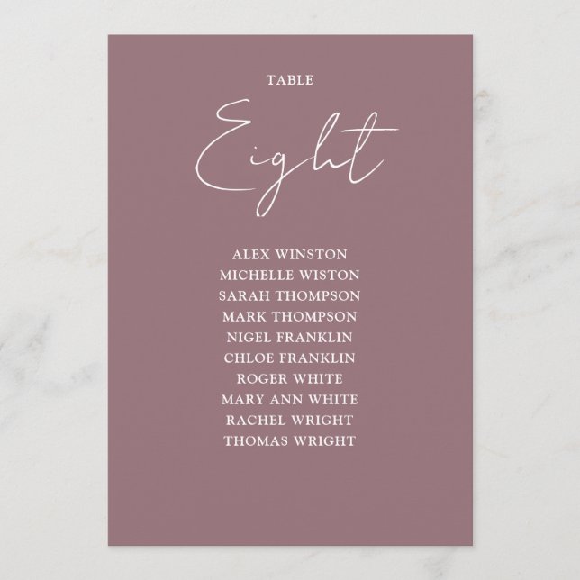 Mauve Elegante Moderne Seating Chart Tischnummer (Vorderseite)