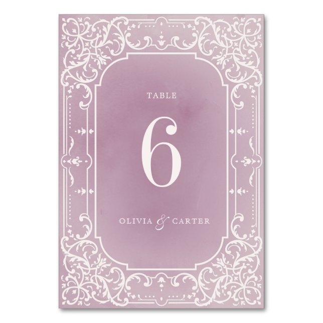 Mauve elegante romantische Vintage Hochzeitskarte Tischnummer (Vorderseite)