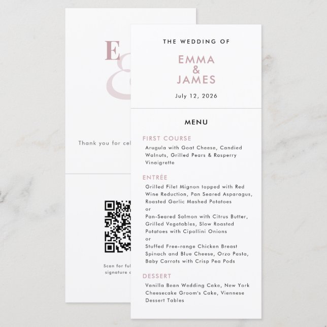 Mauve-Eta-Wedding | QR-Code | Elegant Menükarte (Vorne/Hinten)