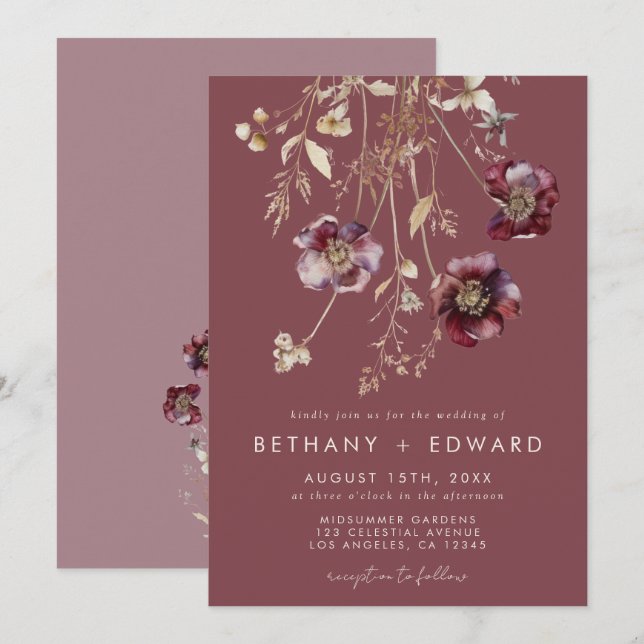 Mauve Fall Floral Wedding Einladung (Vorne/Hinten)